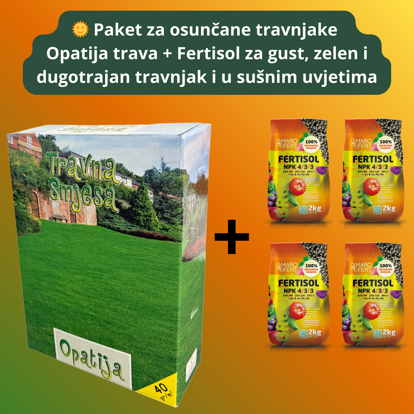 Paket za osunčane travnjake – Opatija trava + Marofert Fertisol - 40 m²