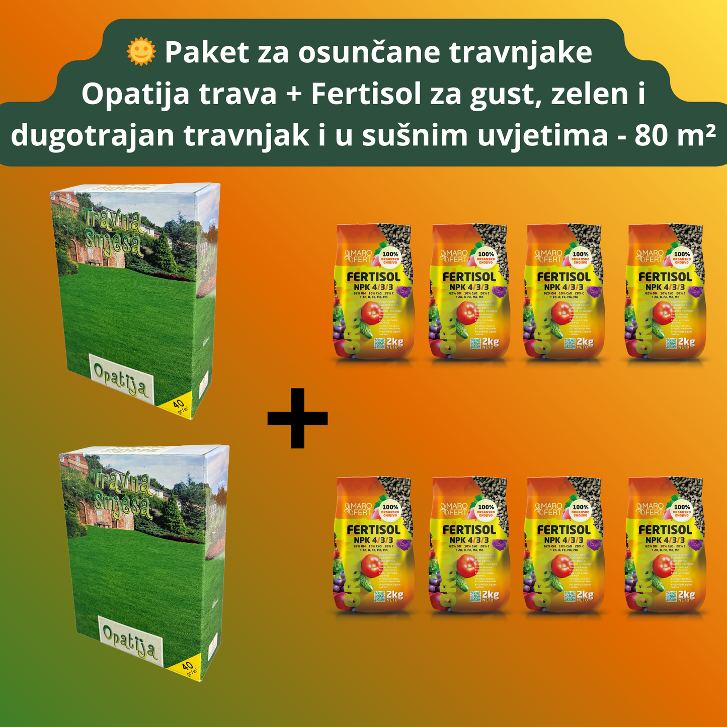 Paket za osunčane travnjake – Opatija trava + Marofert Fertisol - 80 m²