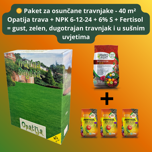 Paket Opatija trava + Marofert gnojiva (NPK 6-12-24 + Fertisol) – 40 m² osunčani travnjak