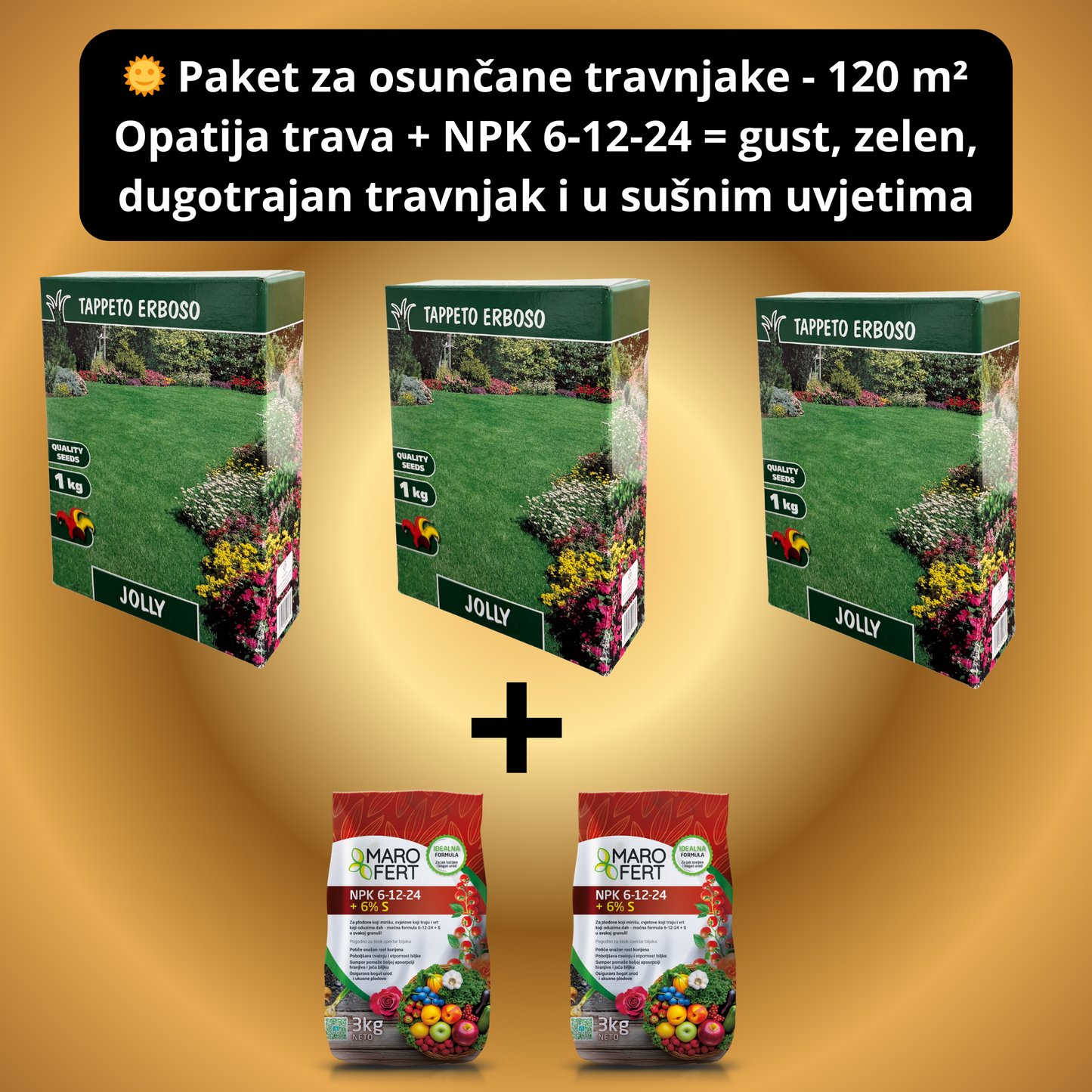 Paket Opatija trava + Marofert NPK 6-12-24 – 120 m² savršen travnjak za sunčane površine